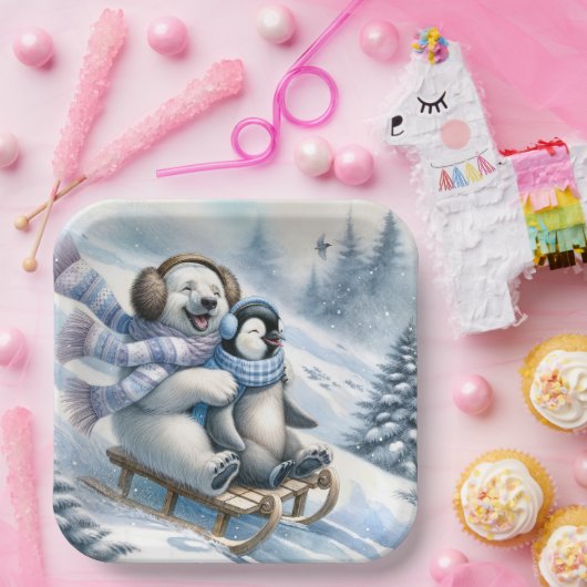 Polar Beer Sledding met een pinguïn Papieren Bordje (Feest)