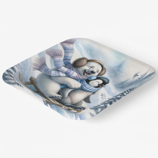 Polar Beer Sledding met een pinguïn Papieren Bordje (Gebogen)