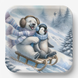 Polar Beer Sledding met een pinguïn Papieren Bordje