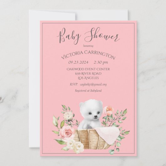 Polar Beer Waterverf Roze Baby shower uitnodiging (Voorkant)