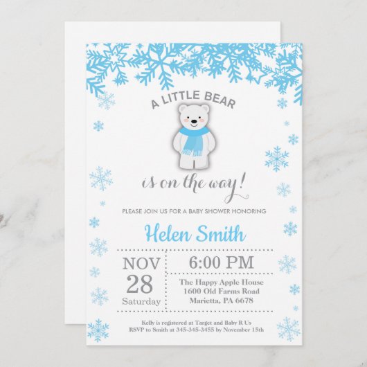 Polar Beer Winter Blue Boy Baby shower Snowflake Kaart (Voorkant / Achterkant)