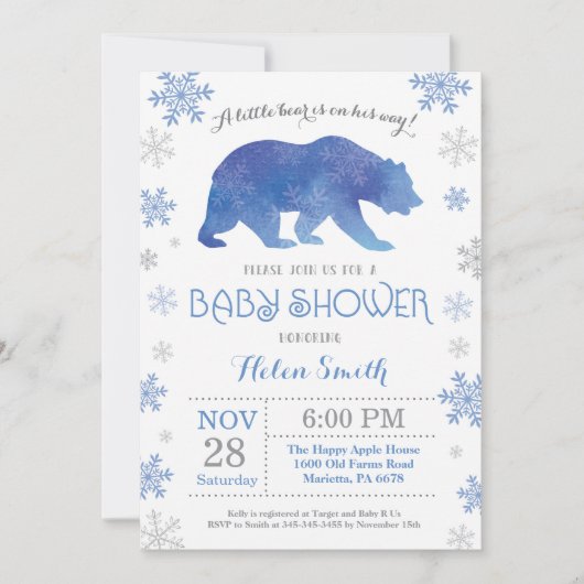 Polar Beer Winter Blue Boy Baby shower Snowflake Kaart (Voorkant)