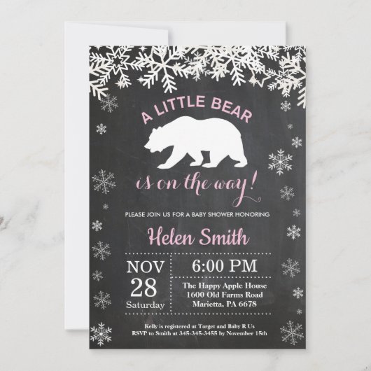 Polar Beer Winter Girl Baby shower Chalkboard Kaart (Voorkant)