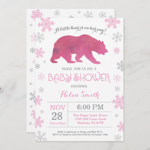 Polar Beer Winter Pink Girl Baby shower Snowflake Kaart