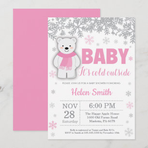 Polar Beer Winter Pink Girl Baby shower Snowflake Kaart