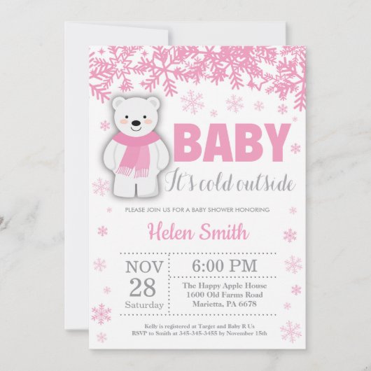 Polar Beer Winter Pink Girl Baby shower Snowflake Kaart (Voorkant)