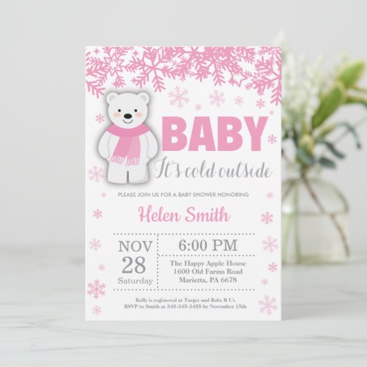 Polar Beer Winter Pink Girl Baby shower Snowflake Kaart (Staand voorkant)