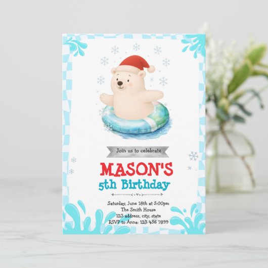 Polar beer winterzwembad feestuitnodiging kaart (Staand voorkant)