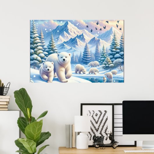 Polar Beren en Snowy Winter Scene Schilderen Poster (Thuiskantoor)