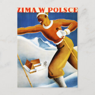 Polen Zima Ski Vintage Travel Poster teruggezet Briefkaart