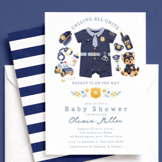 Police Baby Shower Invitation Blue Stripe Kaart