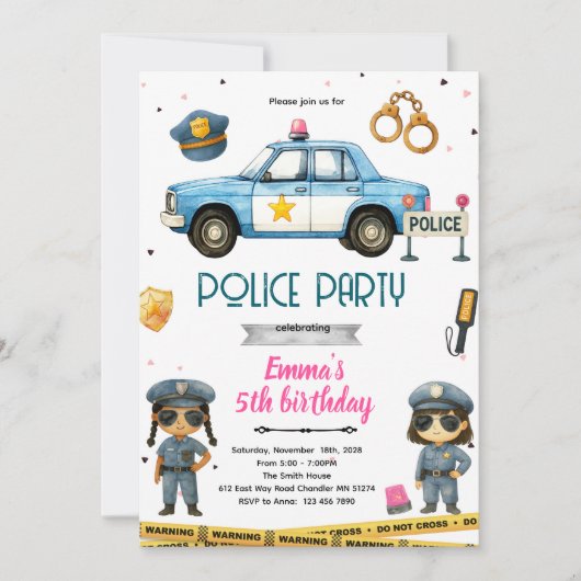 Police girl party theme invitation (Devant)