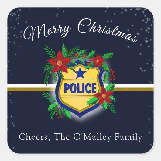 Police Shield With Poinsettias Merry Christmas Vierkante Sticker (Voorkant)