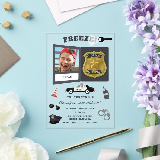 Police Themed Policeman Cop Badge Photo Birthday Acryl Uitnodigingen (Insitu (Huwelijk))