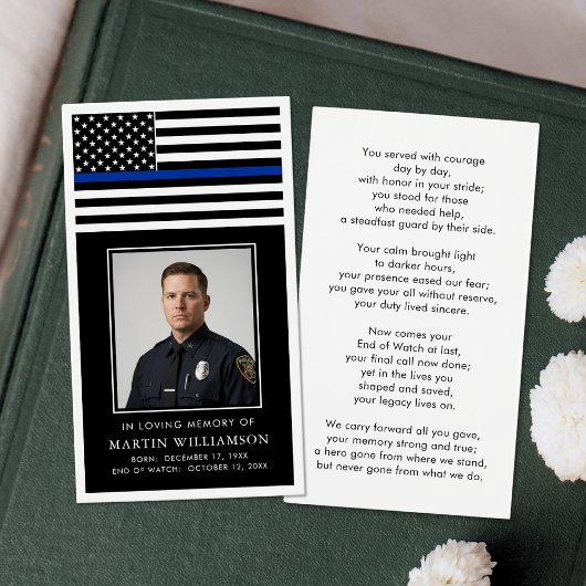 Police Thin Blue Line Flag Photo Prayer Card