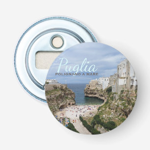 Polignano a Mare stadsstrand in Puglia tekst Button Flesopener