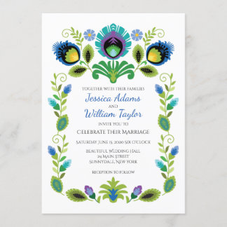 Polish Folk Flowers Blauwgroen bruiloft uitnodigin Kaart