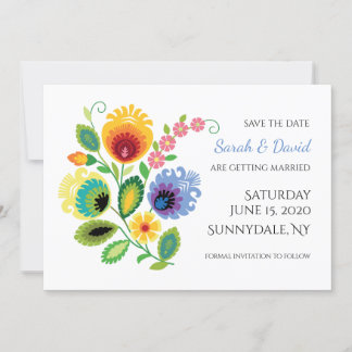 Polish Folk Flowers Yellow Save the Date Kaart
