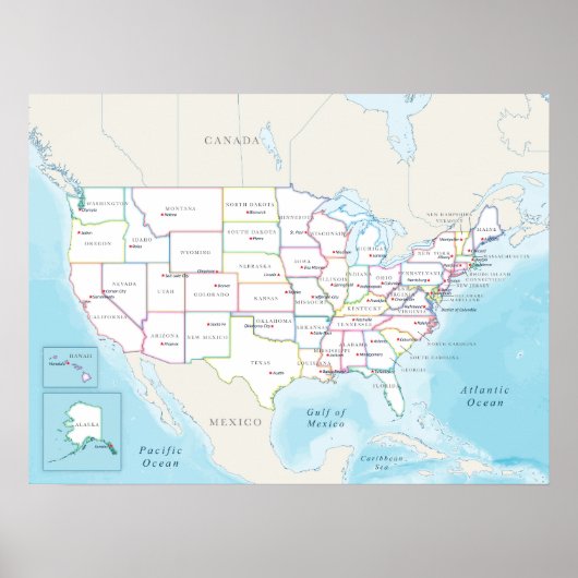 Political map of the United States with capitals Poster (Voorkant)