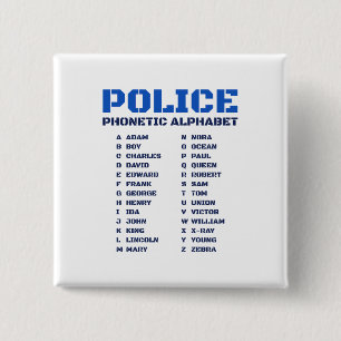 Politie Fonetisch Woordenboek A tot Z Alfabet Vierkante Button 5,1 Cm
