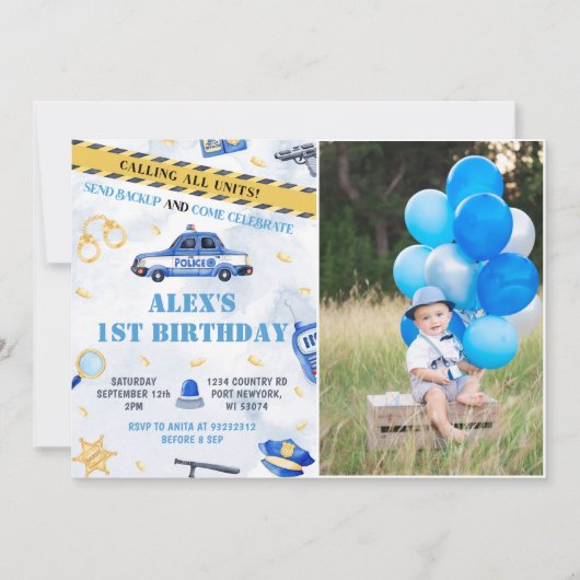 Politie Jongen 1e Verjaardag Party Foto Kaart (Voorkant)