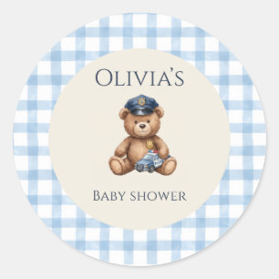 Politie Teddybeer Gingham Baby Shower Ronde Sticker