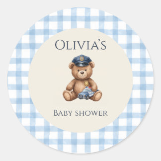 Politie Teddybeer Gingham Baby Shower Ronde Sticker
