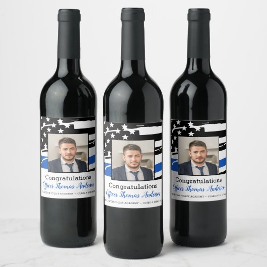 Politieagent Foto Thin Blue Line Afstuderen Wijn Etiket (Flessen)