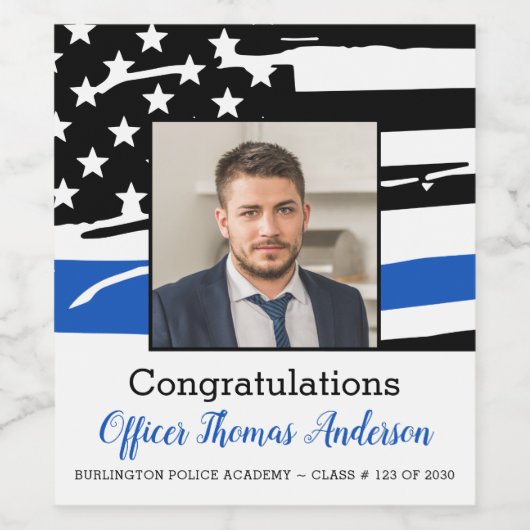 Politieagent Foto Thin Blue Line Afstuderen Wijn Etiket (Enkel label)