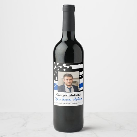 Politieagent Foto Thin Blue Line Afstuderen Wijn Etiket (Voorkant)