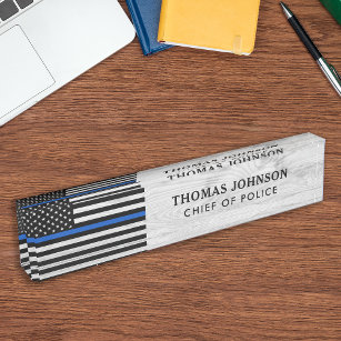 Politieagent Rustisch hout Thin Blue Line Vlag Naambordje