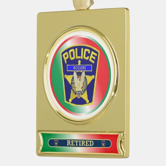 Politiebeambte in ruste aangepaste kerstversiering verguld banner ornament (Links)