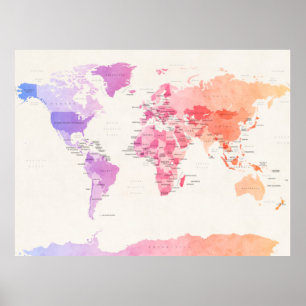 Politieke kaart van de waterverf in de wereld poster