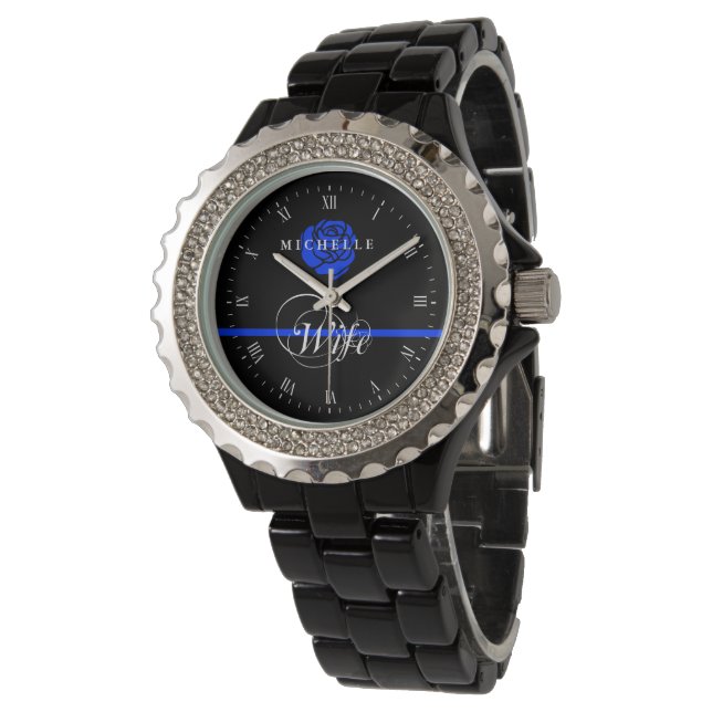 Politievrouw Thin Blue Line Roos Aangepaste naam Horloge (Gekanteld)