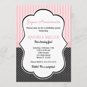 Polka Black White Pink Stripes Birthday Invite Kaart