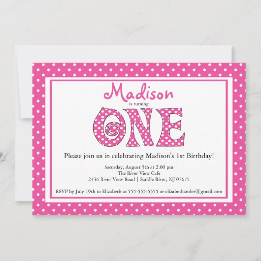 Polka Dot Alphabet First Birthday Party Invitation Kaart (Voorkant)