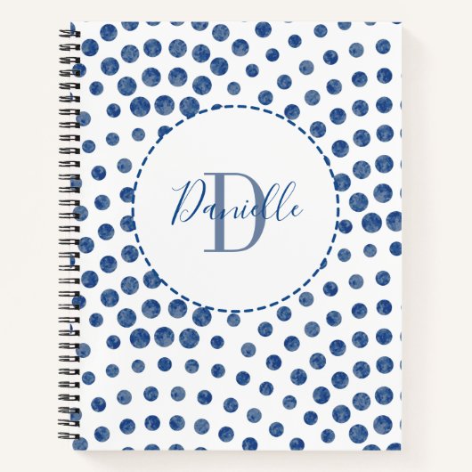 Polka Dot Blue Swirls Monogram Naam Notitieboek (Voorkant)