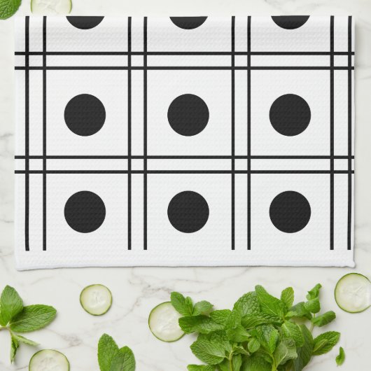 Polka Dot Circle Black en White Check Pattern Theedoek (Gevouwen)