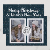 Polka Dot Deux Photo Carte de Noël Blue (Devant / Derrière)