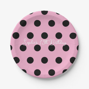 Polka Dot Feestje 13e Verjaardag - Roze & Zwarte S Papieren Bordje