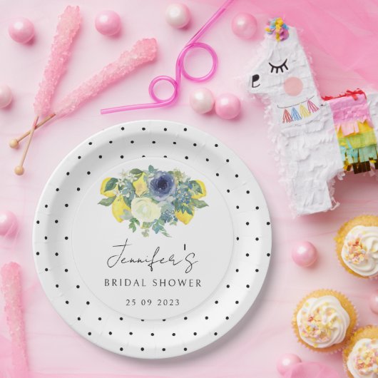 Polka dot geel blauw citroen bruids papier Bord (Feest)