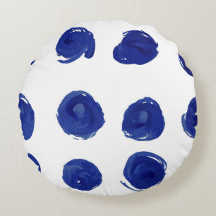 Polka dot, indigo blauwe waterverf. rond kussen