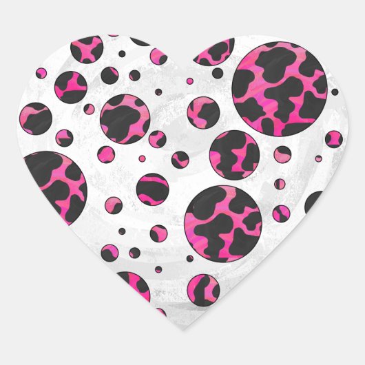 Polka Dot Koe Hot Pink en Black Print Hart Sticker (Voorkant)