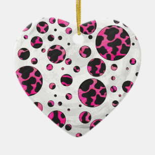 Polka Dot Koe Hot Pink en Black Print Keramisch Ornament