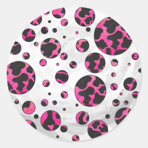Polka Dot Koe Hot Pink en Black Print Ronde Sticker