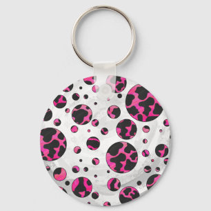 Polka Dot Koe Hot Pink en Black Print Sleutelhanger