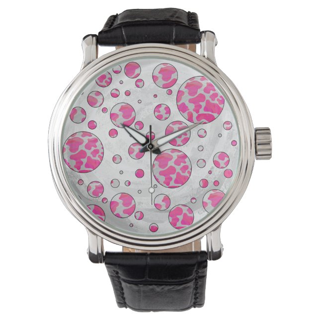 Polka Dot Koe Roze en Wit Horloge (Voorkant)