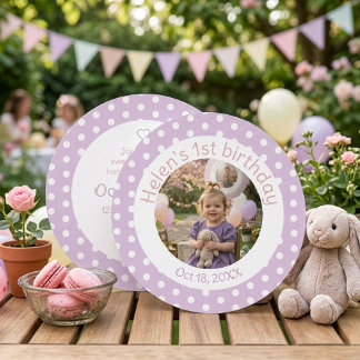 Polka Dot Lavender 1st Birthday Photo Invitation