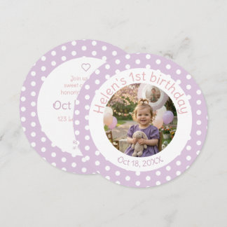 Polka Dot Lavender 1st Birthday Photo Invitation Kaart