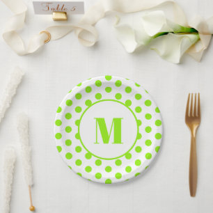 Polka Dot Monogram Initiaal Lime Groen op Wit Papieren Bordje